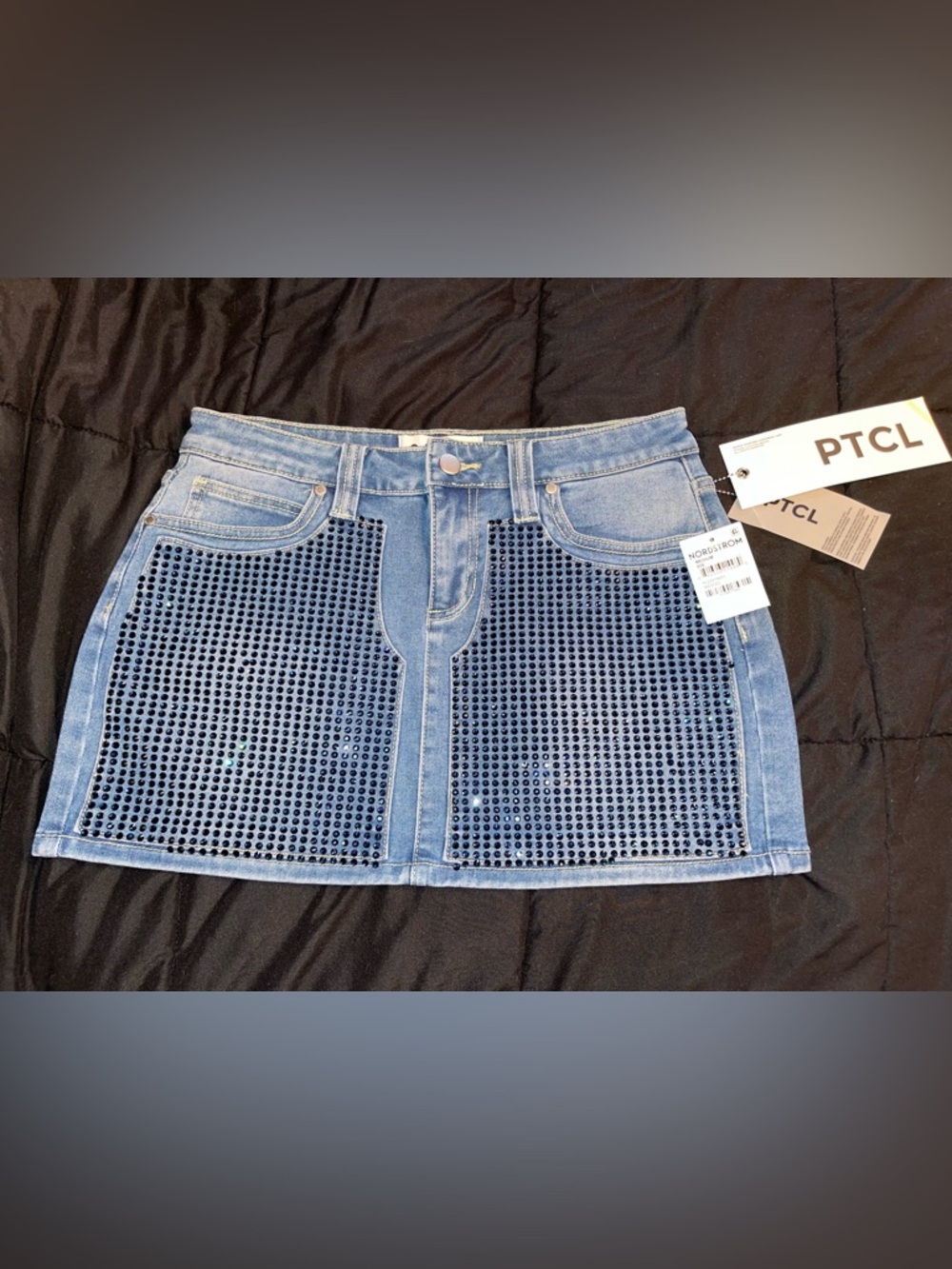 PTCL Light Blue Denim Mini Skirt with Navy Crystal Panels SZ M BNWT